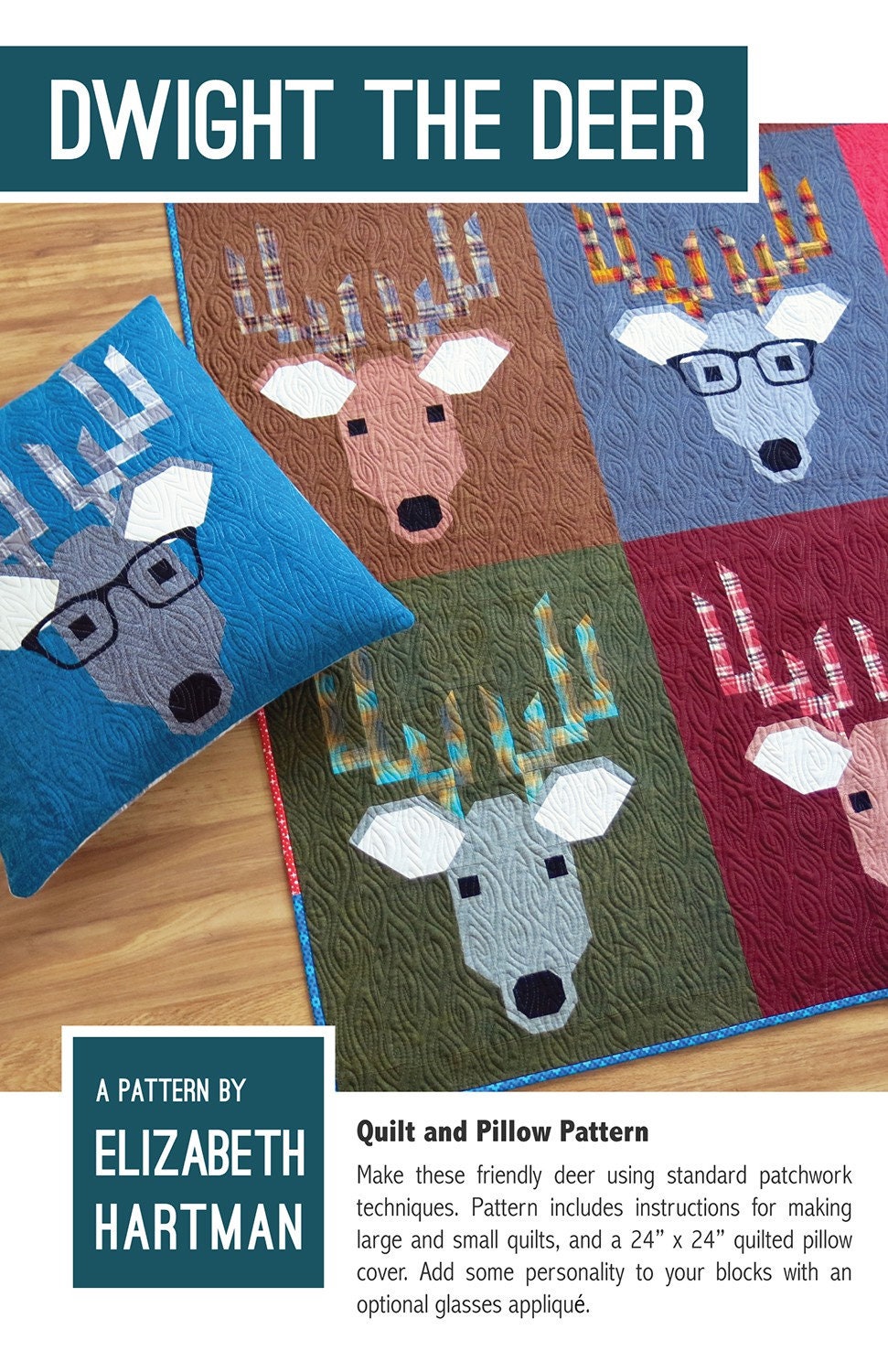 PATTERN:  Dwight the Deer - Elizabeth Hartman - EH 029 - Reindeer Quilt - Deer with Glasses - Modern - Animals - Wovens - Flannel - Pillow