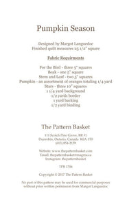 PATTERN:  PUMPKIN SEASON  - The Pattern Basket - TPB1706 - Pumpkin - Bird - Fall - Autumn - Pillow - Mini Quilt - Wall Hanging - Halloween