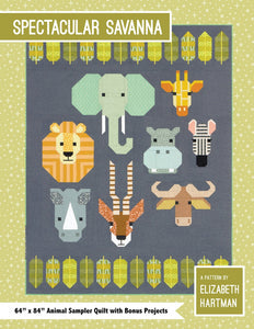 PATTERN:   Spectacular Savanna - Elizabeth Hartman - EH 048 - African Animals-Lion-Zebra- Hippo-Gazelle-Elephant-Kangaroo -Wildebeest-Rhino