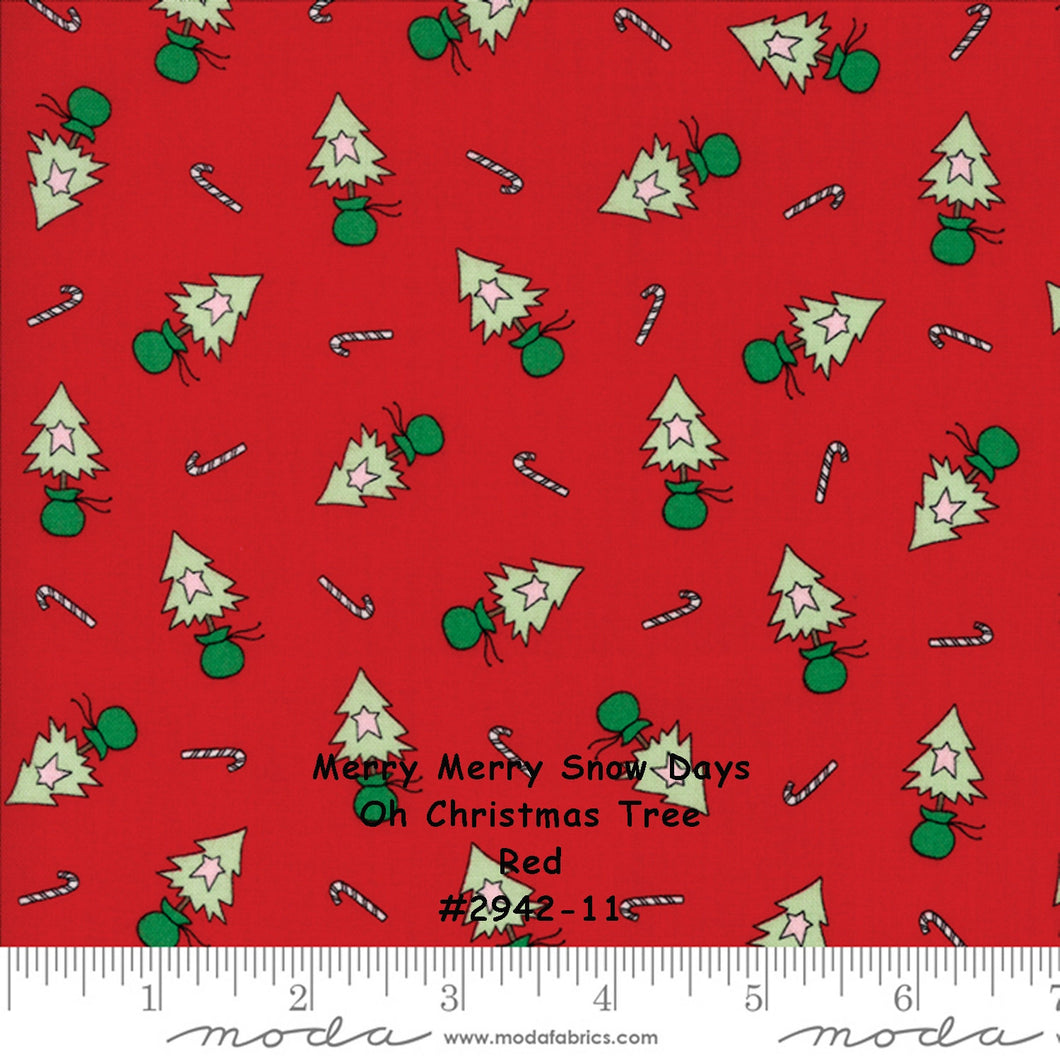 MERRY MERRY SNOW Days - #2942-11 -Oh Christmas Tree- Red -1/2 Yard - Bunny Hill Designs for Moda-Christmas - Holiday - Winter -Snowmen - Red