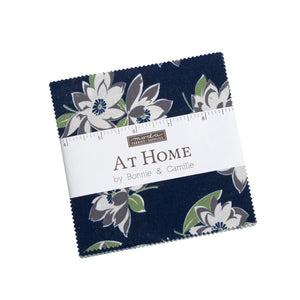 AT HOME -  55200 PPB - Charm Pack - by Bonnie and Camille for Moda - Bonnie - Red - Linen - Green - Thimbleblossoms - Houses-Floral-Stripes
