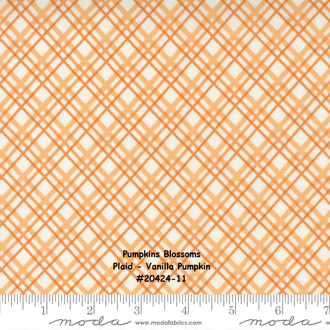 PUMPKINS and BLOSSOMS - #20424-11 - Pumpkin - Off White-Orange - Plaid Bias Check - Fig Tree - One Half Yard - Binding - Borders