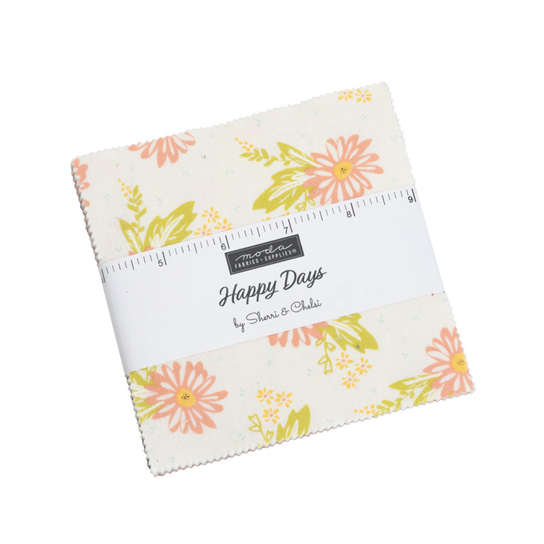 HAPPY DAYS - #37600 - Charm Pack - by Sherri & Chelsi for Moda - Floral Prints -Coral - Grey - Navy - Citrine - Red - Aqua - Stripes - Dots
