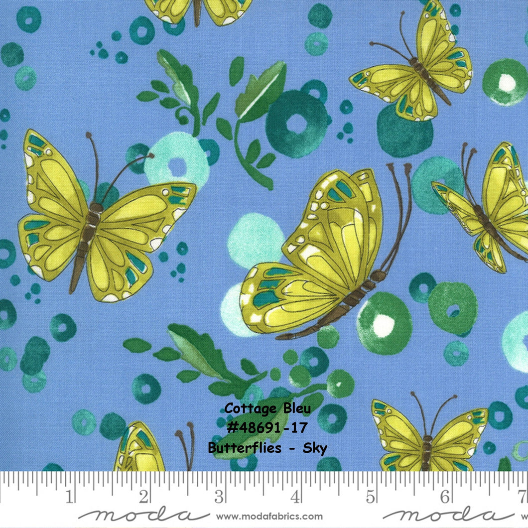 Cottage Bleu - 48691-17 - Butterflies - Sky - ONE HALF YARD - by Robin Pickens for Moda - Modern - Butterfly Print - Blue