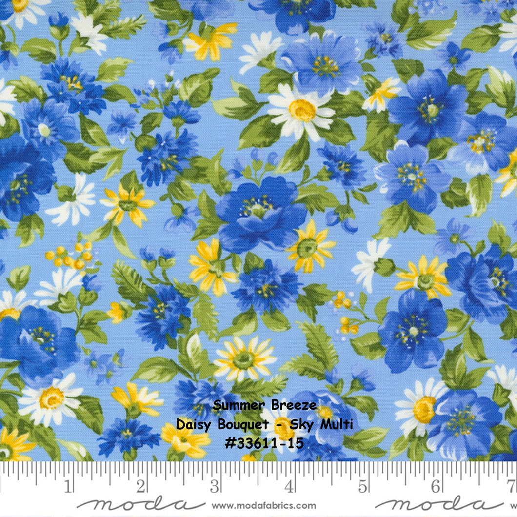 SUMMER BREEZE 2021 - Daisy Bouquet - Sky Multi - 33611-15 - by Moda - Classic - Blue - Yellow - Sky Background - Floral - One Half Yard